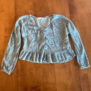 Young Adult Hippie Rose Botton V Neck Teal Floral Blouse